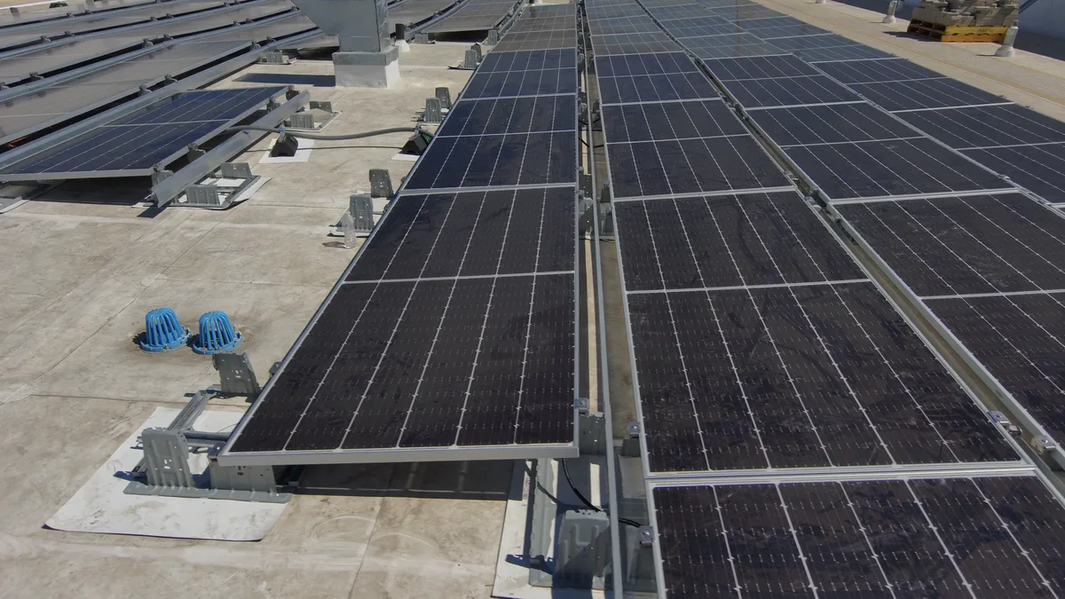 Close-up of ballasted commercial solar racking, Chatsworth CA